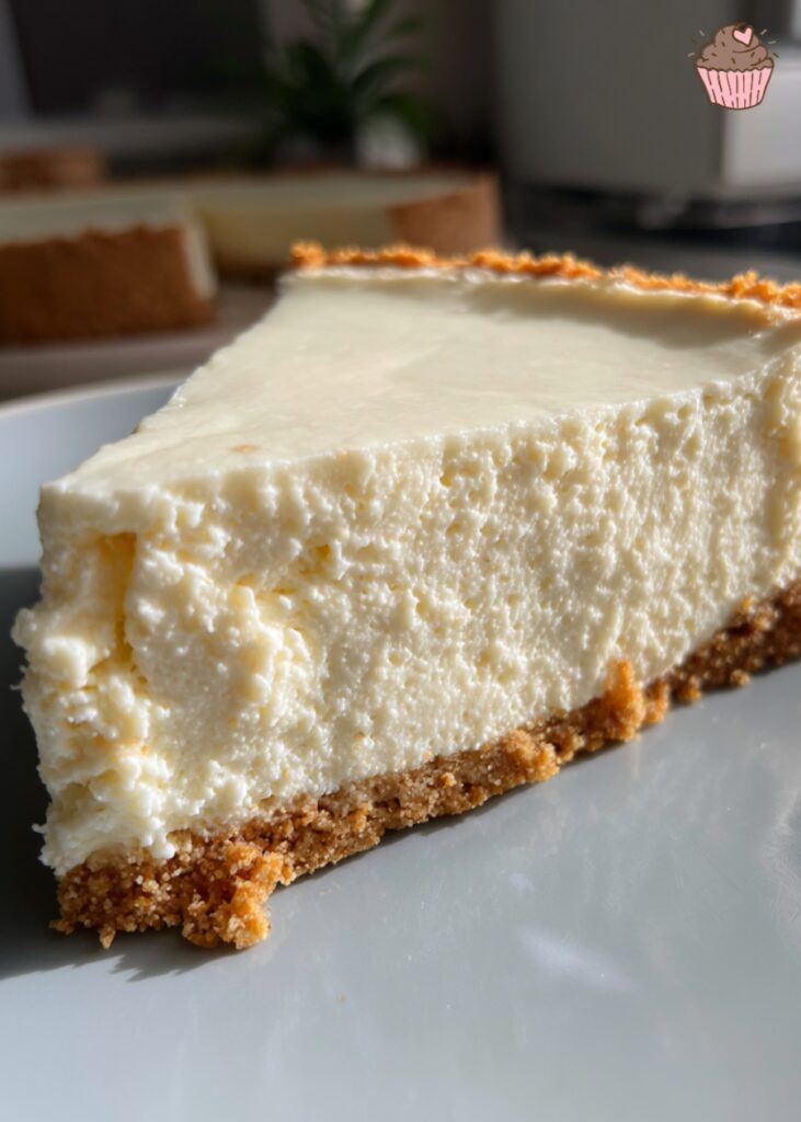 A beautifully presented slice of No Bake White Chocolate Cheesecake on a white plate, garnished with fresh berries.