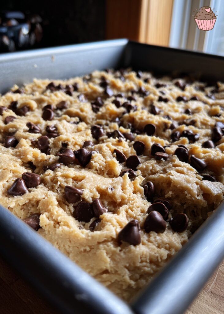 A close-up of a perfectly baked pan of Chocolate Chip Cookie Brownies, showing the distinct layers.