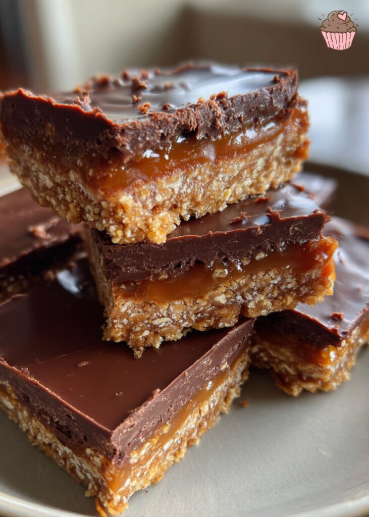 Stack of homemade Caramel Chocolate Crunch Bars on a wire rack, showing distinct layers.