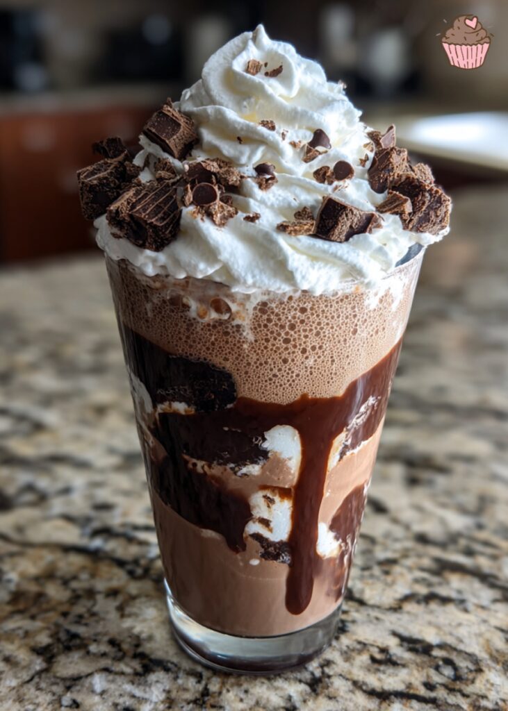 A tall glass filled with a rich, thick brownie milkshake, topped with whipped cream
