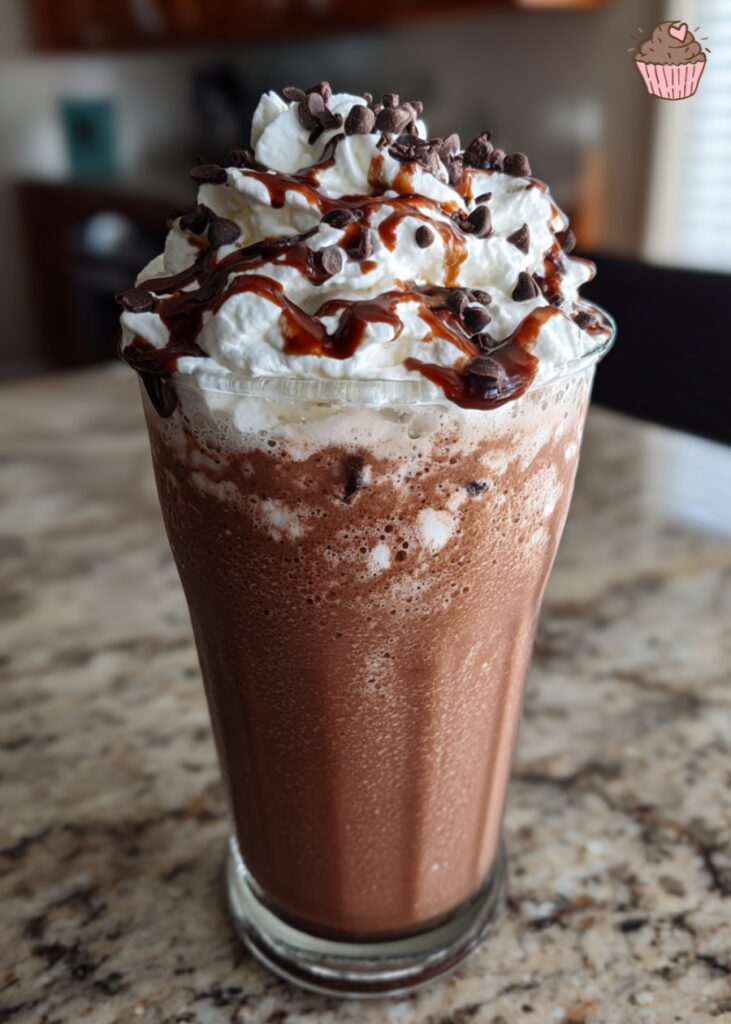 A decadent swirl of whipped cream on top of the finished double chocolate chip frappuccino.