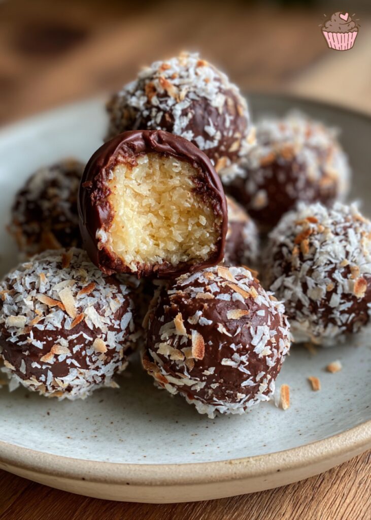 A plate of freshly made Moose Farts No-Bake treats, coated in powdered sugar and cocoa.