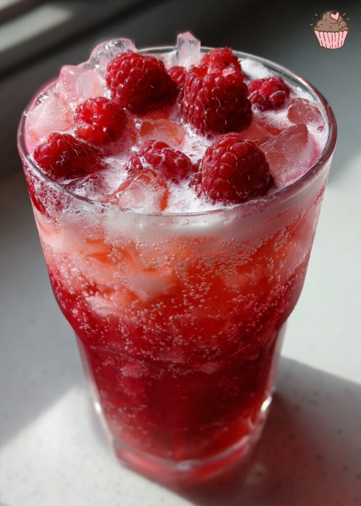 A tall glass of vibrant raspberry dream dirty soda with fresh raspberries and a straw.