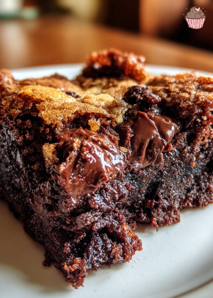 A close-up of a perfectly baked pan of Chocolate Chip Cookie Brownies, showing the distinct layers.