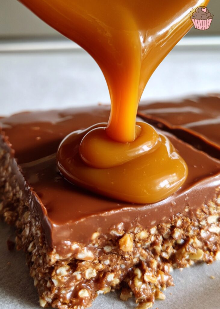Stack of homemade Caramel Chocolate Crunch Bars on a wire rack, showing distinct layers.