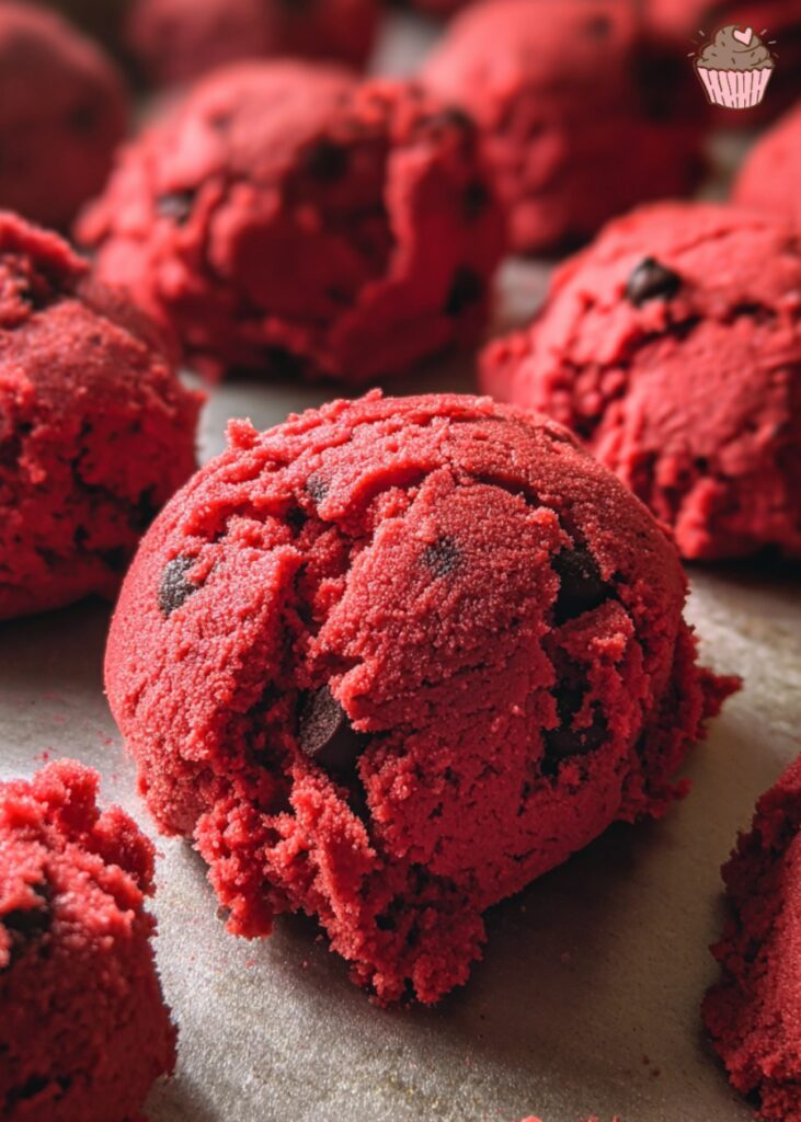 A stack of perfectly baked giant red velvet cookies with cream cheese frosting dolloped on top.