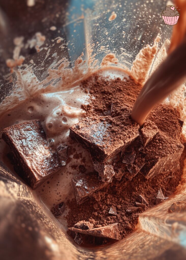 A tall glass filled with a rich, thick brownie milkshake, topped with whipped cream