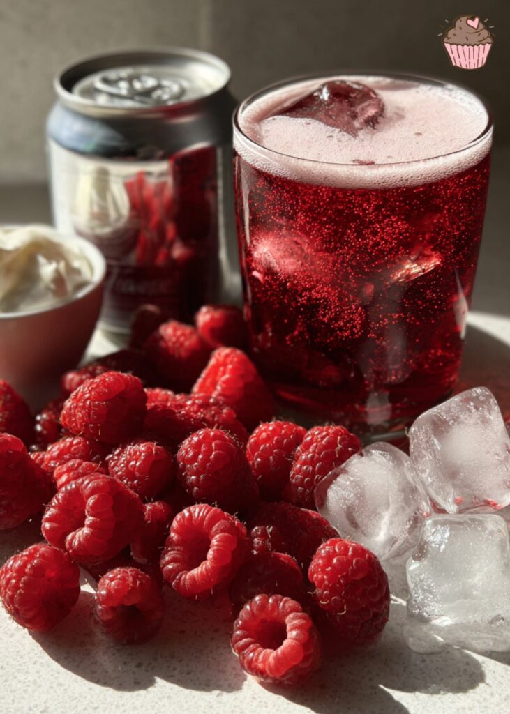 A tall glass of vibrant raspberry dream dirty soda with fresh raspberries and a straw.