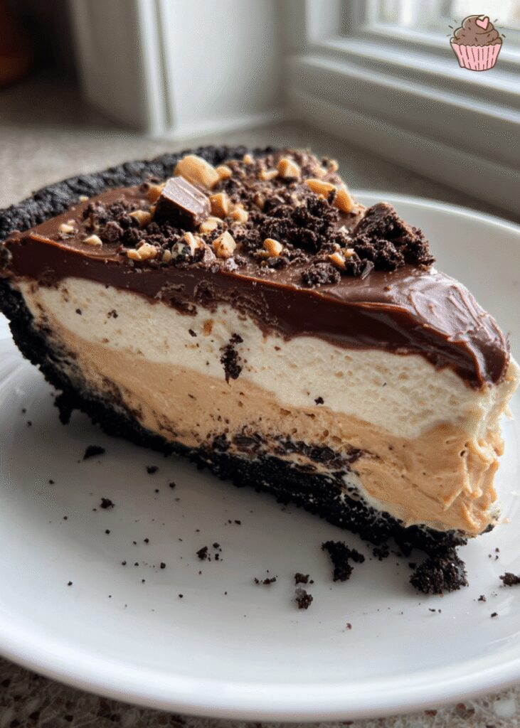 A beautifully sliced no-bake chocolate peanut butter pie with chocolate shavings on top.