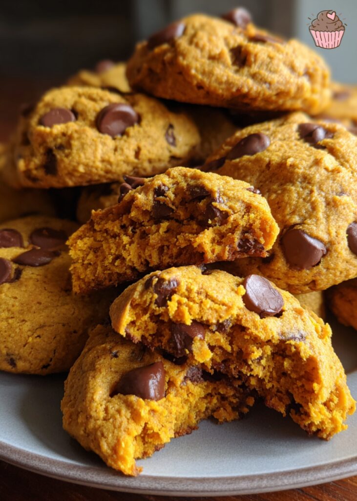 A plate of warm, soft Pumpkin Chocolate Chip Cookies with chocolate chips glistening.