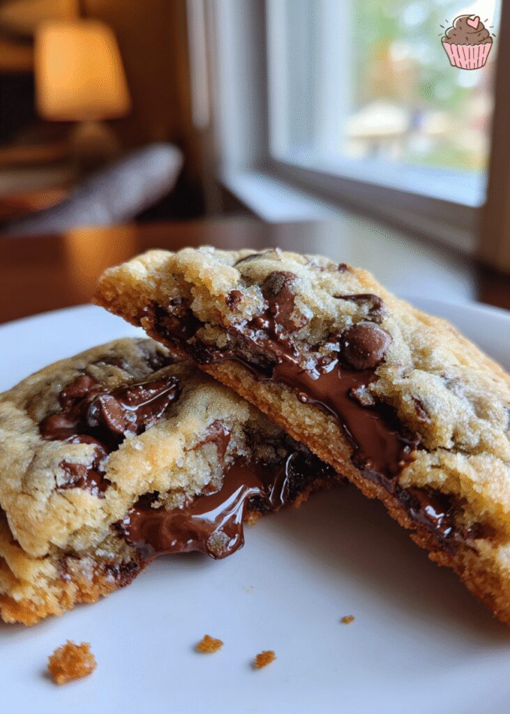 A stack of warm, golden brown butter chocolate chip cookies on a wooden board, with gooey chocolate visible.