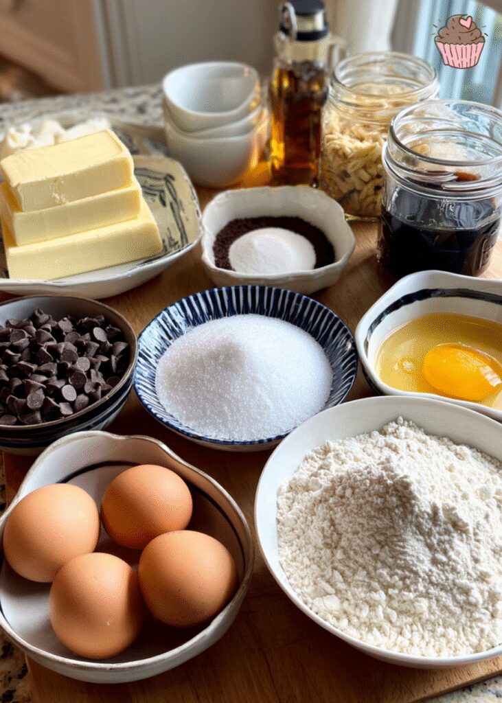 A stack of warm, golden brown butter chocolate chip cookies on a wooden board, with gooey chocolate visible.