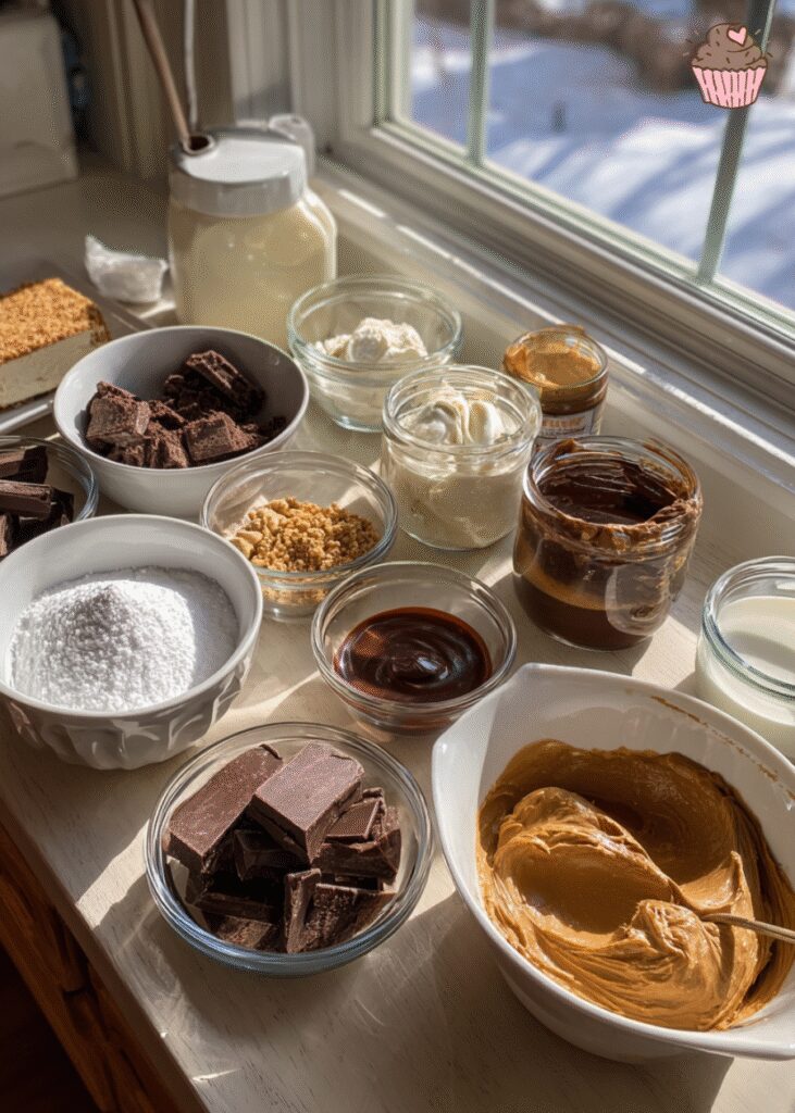 A beautifully sliced no-bake chocolate peanut butter pie with chocolate shavings on top.