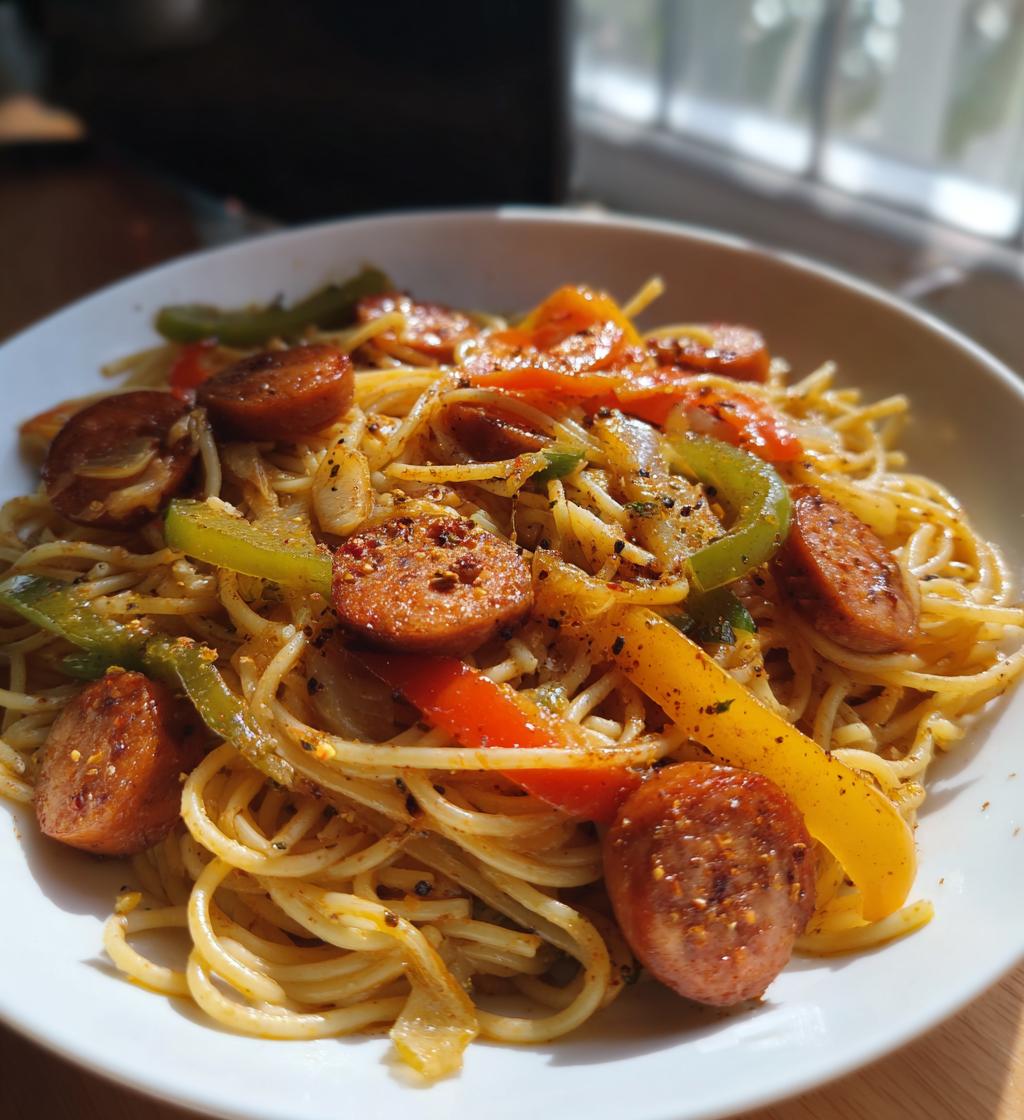 Haitian Spaghetti (Espageti) (Breakfast pasta with chicken sausage) - detail 1
