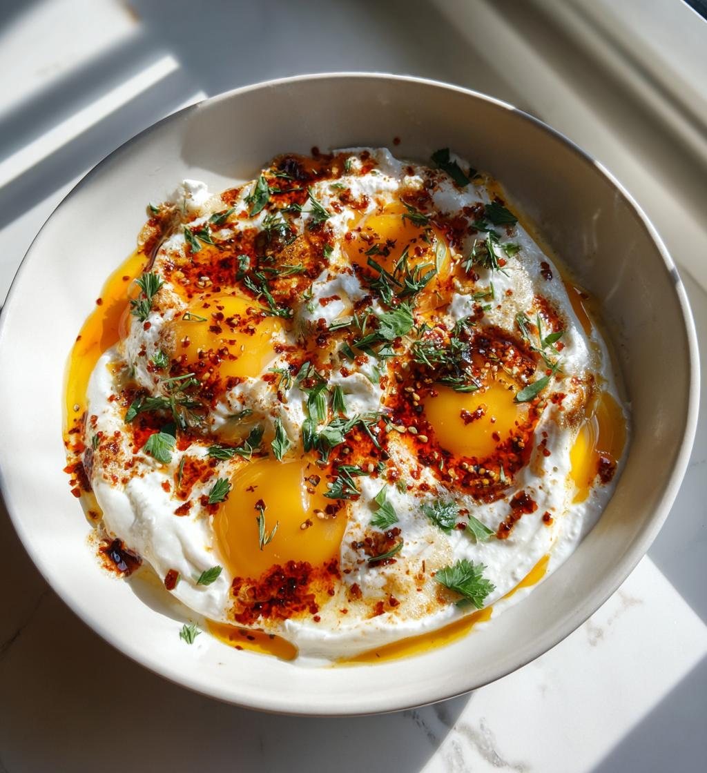 Turkish Cilbir (Poached Eggs in Garlic Yogurt with Chili Butter) - detail 1