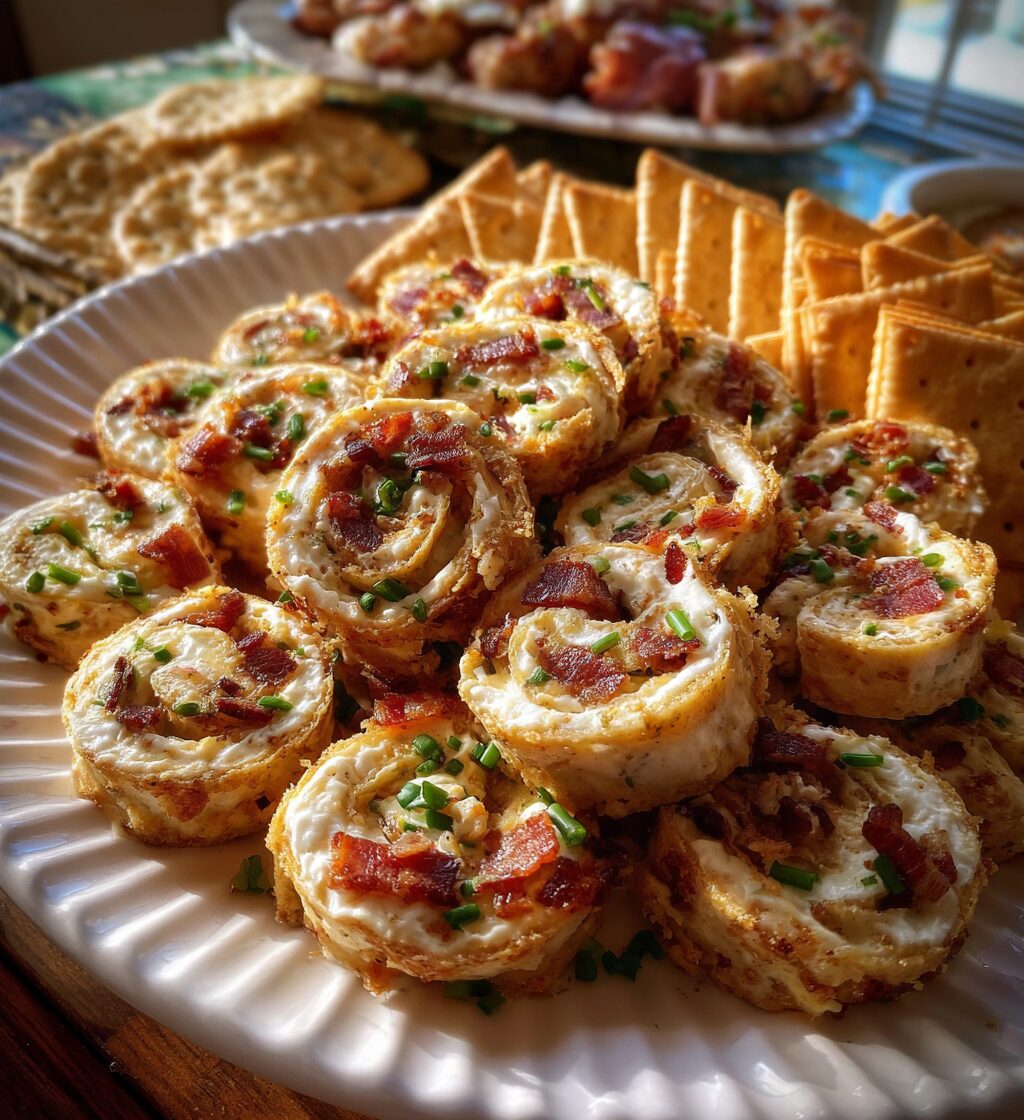Jalapeno popper pinwheels topped with bacon and chives served with Ritz Crisp & Thins crackers.