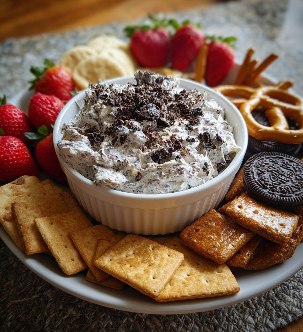 Creamy 3-ingredient Oreo dip served with strawberries, pretzels, and cookies for dipping.