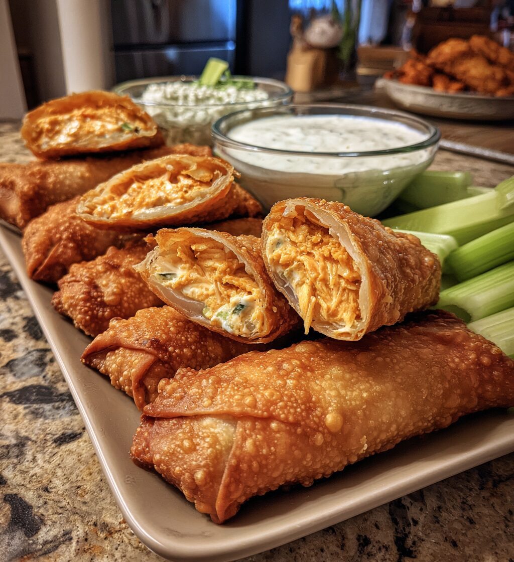 Crispy buffalo chicken egg rolls served with ranch dipping sauce and fresh celery sticks.