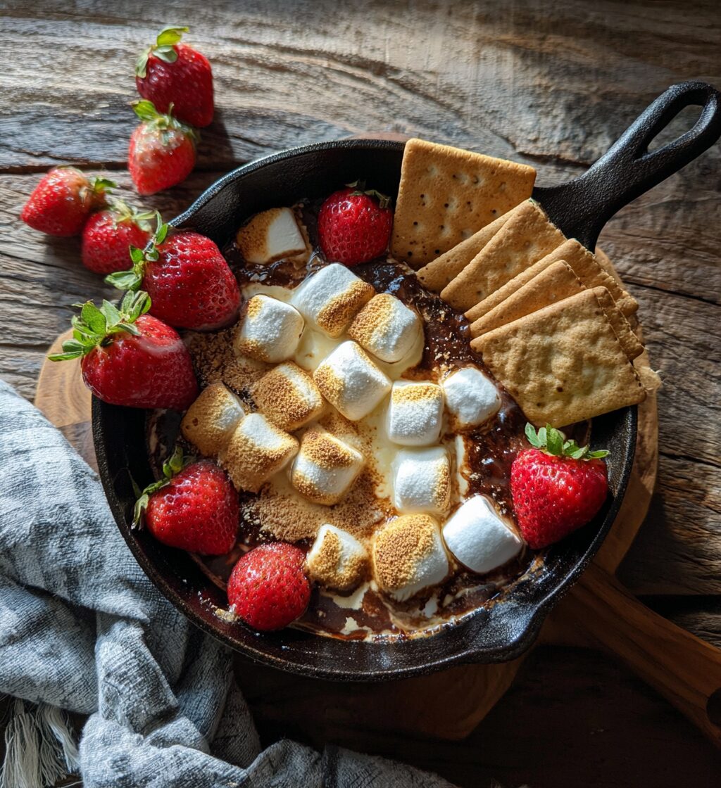 Cast-iron skillet s'mores dip with toasted marshmallows, graham crackers, and fresh strawberries.